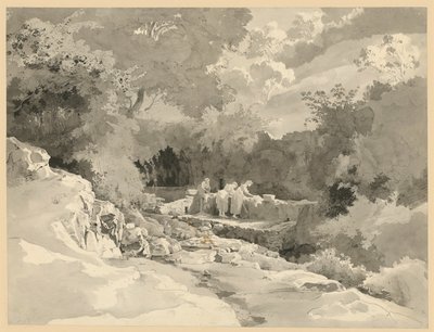 洗濯場の泉のそばの女性たちがいる風景 作： エルンストフライ