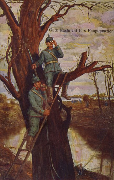 第一次世界大戦、1915年に戦場を監視し、本部にフィールド電話で報告するドイツ軍兵士、本社への朗報 作： Ernst Heilemann