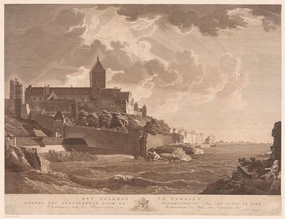 ナイメーヘンのファルクホフの眺め ナイメーヘンのファルクホフは、1784 年の洪水で破壊されたものの隣にあり、東に見ることができます (オブジェクトのタイトル) 作： Ernst Karl Gottlieb Thelott
