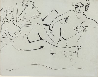 ドードーと鏡の前に横たわる年配の女性、1909 年。 作： Ernst Ludwig Kirchner