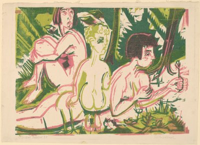 森の中で子供を持つ裸の女性、1925年。 作： Ernst Ludwig Kirchner