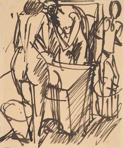 洗面台の前に立つ鏡を持ったヌード、1908-1910年。 作： Ernst Ludwig Kirchner
