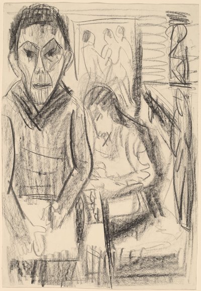 アトリエでの自画像、1923年。 作： Ernst Ludwig Kirchner