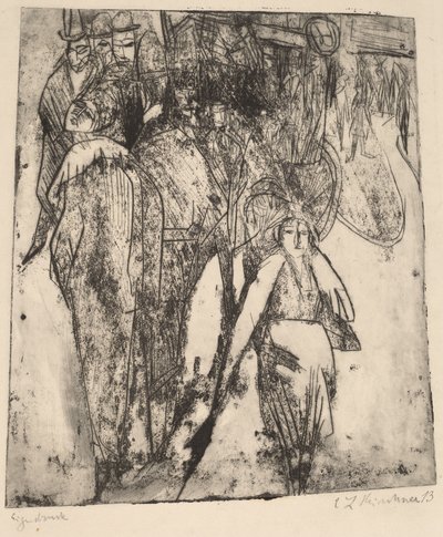 オムニバスのあるストリート シーン、1914 年。 作： Ernst Ludwig Kirchner