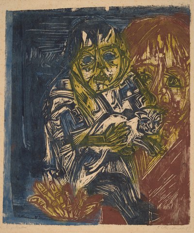 子供と猫を連れた女性、1919 年。 作： Ernst Ludwig Kirchner
