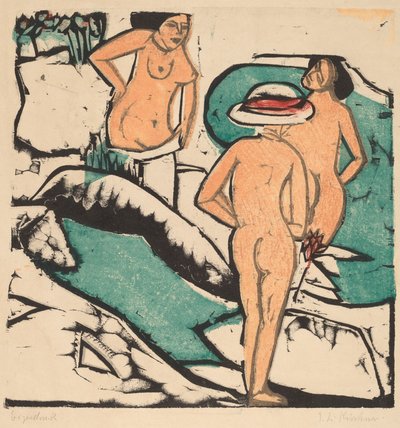 白い石の間で入浴する女性、1912年。 作： Ernst Ludwig Kirchner