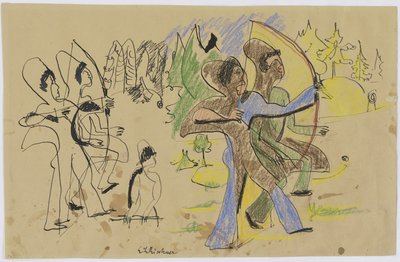 射手たち 1935年頃 （茶色の紙にペン＆チョーク） 作： Ernst Ludwig Kirchner