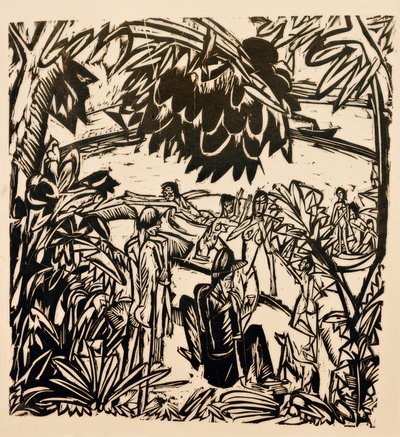 木の枝の下の入浴シーン 作： Ernst Ludwig Kirchner