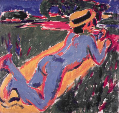 麦わら帽子をかぶった青いリクライニングヌード、1908年 作： Ernst Ludwig Kirchner