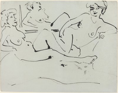 ドードーと鏡の前に横たわる年配の女性 作： Ernst Ludwig Kirchner