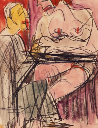テーブルに座っている女性のヌードと男性。女性のヌードとテーブルに座っている男、 作： Ernst Ludwig Kirchner