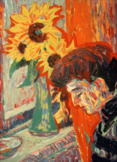 ひまわりの前で女性の頭 作： Ernst Ludwig Kirchner