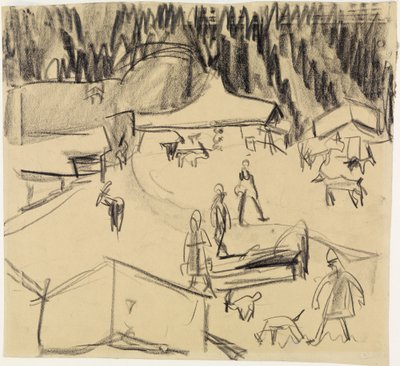 羊飼いと山羊がいる山間の村（シュタッフェルアルプ） 作： Ernst Ludwig Kirchner