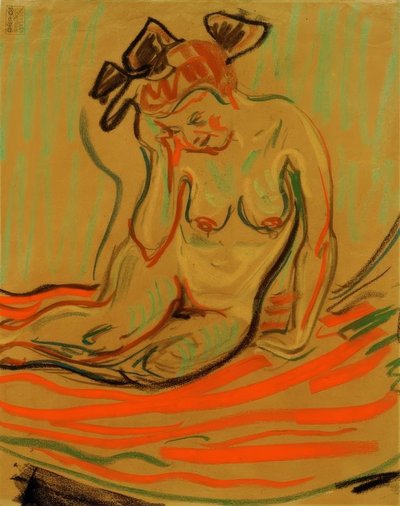 腕を組んで身をかがめる女性ヌード 作： Ernst Ludwig Kirchner