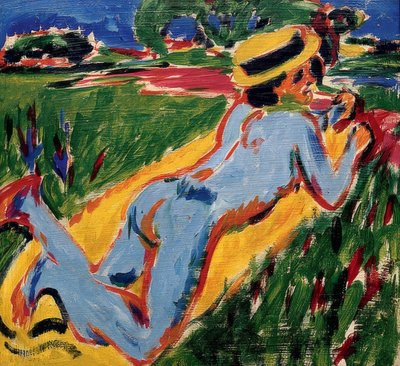 麦わら帽子で青いヌードを横になっています。 1909 作： Ernst Ludwig Kirchner