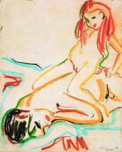 彼の背中に子供と裸の男を横になっています。 作： Ernst Ludwig Kirchner