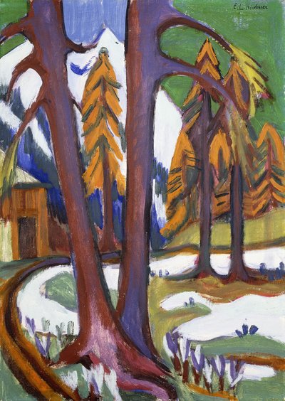 ラーケンと山の早い春。 Berg-Vorfruhling mit Larchen、c.1921-1923 作： Ernst Ludwig Kirchner
