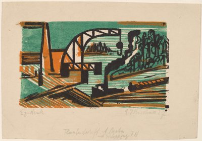 クレーンとはしけのある川の風景 作： Ernst Ludwig Kirchner