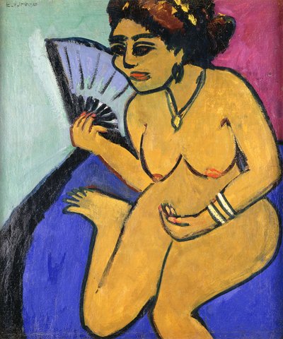 ファン付きの着席ヌード。 Facherとの着席のヌード、1910年11月 作： Ernst Ludwig Kirchner