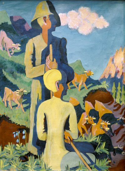 夕暮れの羊飼いたち。1937.(キャンバスに油彩） 作： Ernst Ludwig Kirchner