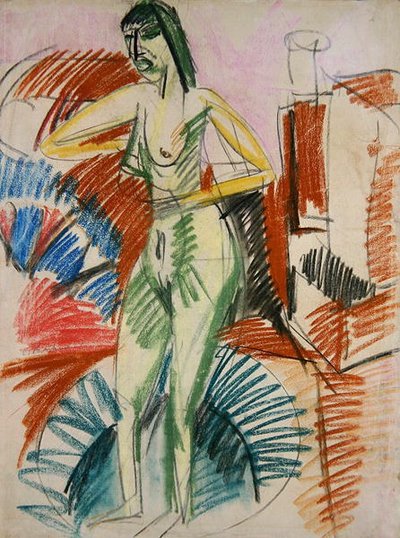 浴槽の中の女性ヌードの立ち姿 作： Ernst Ludwig Kirchner