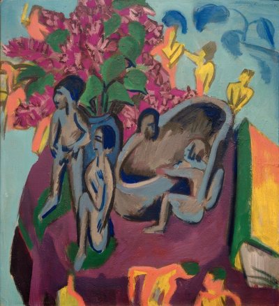 彫刻と花のある静物 作： Ernst Ludwig Kirchner