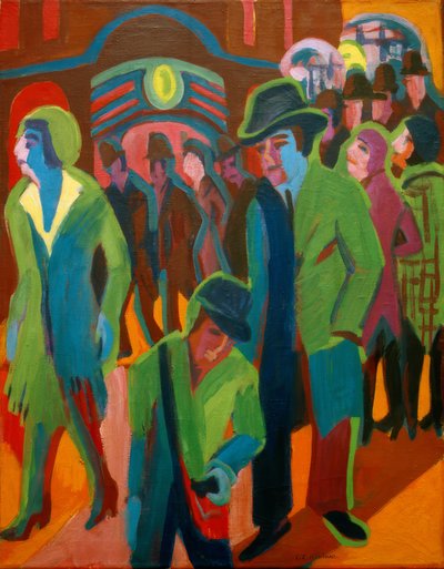 夜の照明で通りを歩く人がいる通り 作： Ernst Ludwig Kirchner