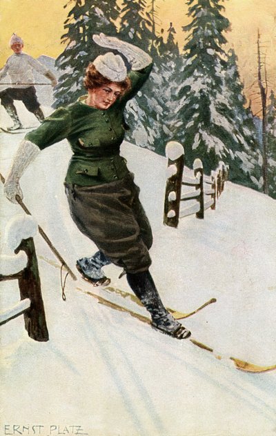 19世紀後半または20世紀初頭の女性スキー。 作： Ernst Platz