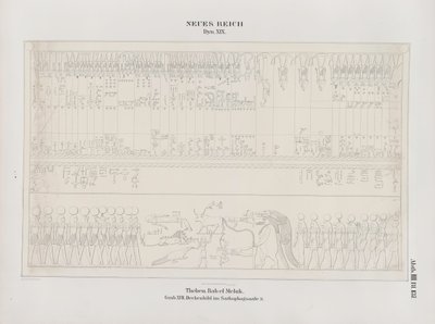 サルコファガスホール、19王朝、テーベ、ビバンエルムルク、ニューキングダムの天井画の描画、リチャードレプシウスによる「エジプトとエチオピアの記念碑...」からのイラスト 作： Ernst Weidenbach