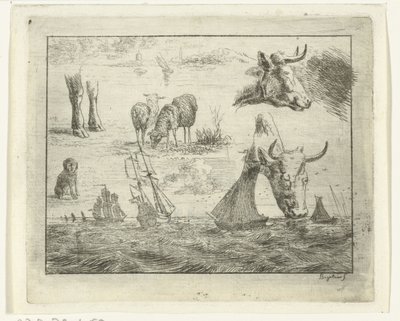 海の風景、2 つの牛の頭、羊、犬、2 本の足の学習シート 作： Ernst Willem Jan Bagelaar