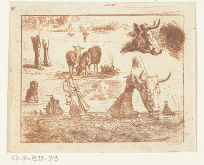 海の風景、2 つの牛の頭、羊、犬、2 本の足の学習シート 作： Ernst Willem Jan Bagelaar