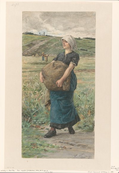 重いバッグを持って歩く女性 作： Ernst Witkamp (signed by artist)