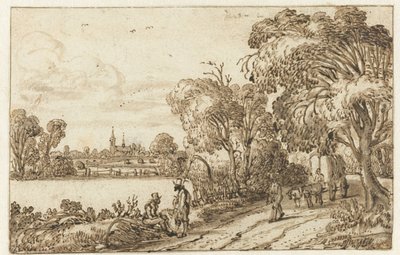 野原と森の間の道のある風景 作： Esaias van de Velde (possibly)