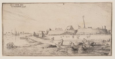 城壁に囲まれた町の前で手漕ぎボートに乗る漁師たち（『風景』より 作： Esaias van de Velde