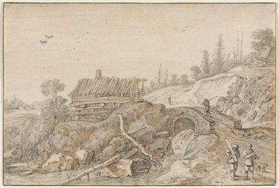 小川のそばに小屋のある丘陵の風景 作： Esaias van de Velde