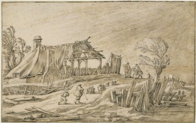 暴風雨の中、羊の群れと騎手が走る田舎道 作： Esaias van de Velde