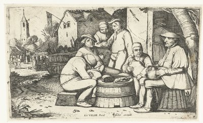 旅館で樽の周りに座っている6人の農民 作： Esaias van de Velde