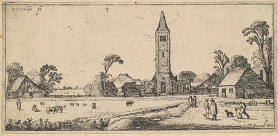 牧草地と村の教会のある風景 作： Esaias van de Velde I