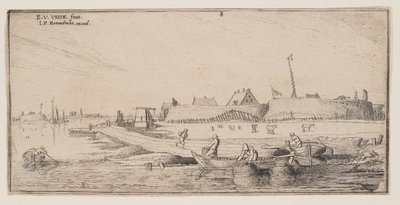 城壁に囲まれた町の前で手漕ぎボートに乗る漁師たち（『風景』より 作： Esaias van den Velde I