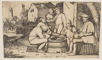 樽の尻をテーブルにする6人の農民 作： Esaias van den Velde I