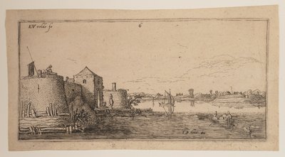城壁の町、川の左、風景より 作： Esaias van den Velde I