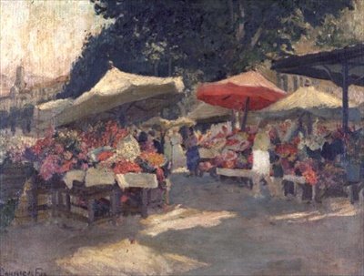 夏の日の賑やかな市場 作： Ethel Carrick Fox