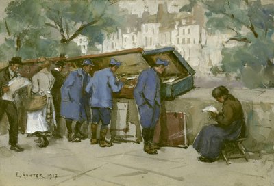 1917年のセーヌ川沿いのフランスの兵士とブーキニスト（ライトグレーの紙にトイレ） 作： Ethel Hunter