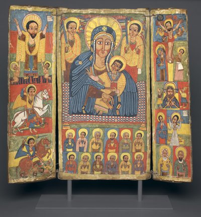 聖母子の中央像が描かれたトリプティクアイコン、1682-99 作： Ethiopian School