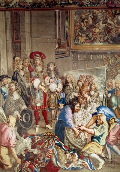 ジャン・バティスト（ジャン＝バティスト）・コルベール（1619-1683）（横顔、国王の右側）と画家シャルル・ルブラン（ル・ブラン）（1619-1690）の面前で、ルイ14世がマニュファクチュール・デ・ゴブランを訪問 ）、10月15日 作： Etienne (studio of) Le Blond