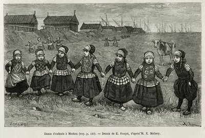 マルケン（オランダ）の子供の踊り、シャルル・ド・コステールが1878年に発表したネールランデ号の物語を説明するためにE.Ronjatが描いた絵の後のエングレーヴィング、エドゥアール・シャルトンの指揮の下、tour du mondeに掲載された。 作： Etienne Antoine Eugene Ronjat