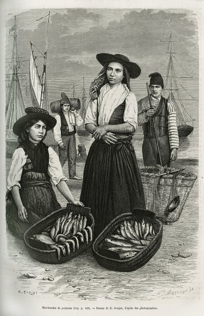 魚商人は伝統的な女性の衣装を身につけています。短いスカートとプリーツ、銀のボタンが付いたボディス、幅広の黒いフェルトの帽子を被っています。E.Ronjatによるエングレーヴィング、ジュール・ルクレールクのリスボンでの一週間の物語を説明するためのもので、『Tour du』に掲載されています。 作： Etienne Antoine Eugene Ronjat