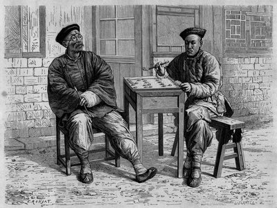 19世紀の北京の街中での囲碁の打ち手。エドゥアール・シャルトン編『Le Tour du Monde, Nouveau journal des Voyages』（パリ）に掲載されたドクター・モラーシュの写真をもとに、ロンジャが描いた絵をもとにしたエングレーヴィング。 作： Etienne Antoine Eugene Ronjat