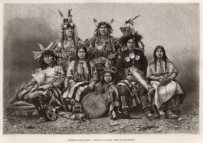 インディアンの戦士とその妻たち（テキサス州）。ウィリアム・ヘップワース・ディクソンが1875年に発表した「La conquete blanche」の挿絵をE.Ronjatが描いたもので、1876年にEdouard Chartonが編集した「Le tour du monde」に掲載されている。 作： Etienne Antoine Eugene Ronjat
