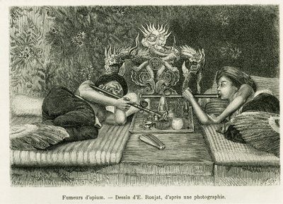 アヘンを吸う人々。エドゥアール・シャルトン（1807-1890）監督の『le tour du monde 1889』に収録されているオカール医師の「Trente mois au Tonkin in 1884」という物語を説明するために、E.Ronjatが写真をもとに描いたもの。 作： Etienne Antoine Eugene Ronjat